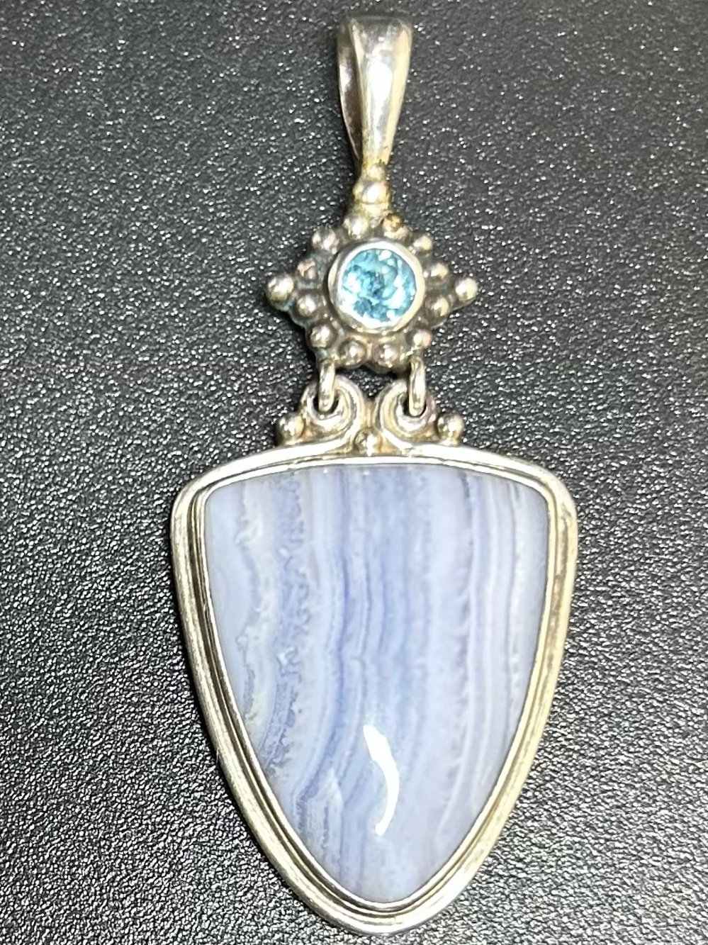 Sajen Sterling Silver Blue Lace Agate Pendant with Blue Topaz Accent - Picture 2 of 4